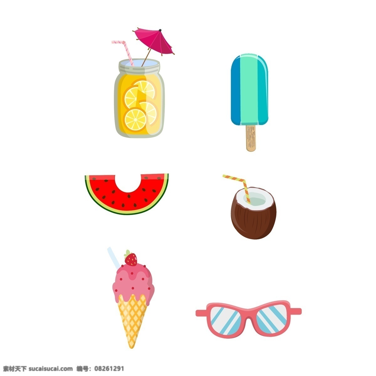 卡通 风格 夏季 甜点 饮品 元素 眼镜 冰淇淋 西瓜 雪糕 椰子汁