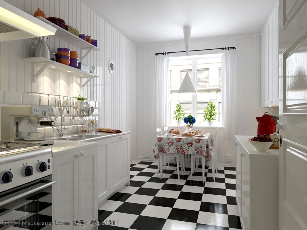 2018 年 黑白 撞 色 厨房 餐厅 一体 室内设计 简约 白色 干练 撞色 烤箱 烧水壶 摆件 桌布 大气