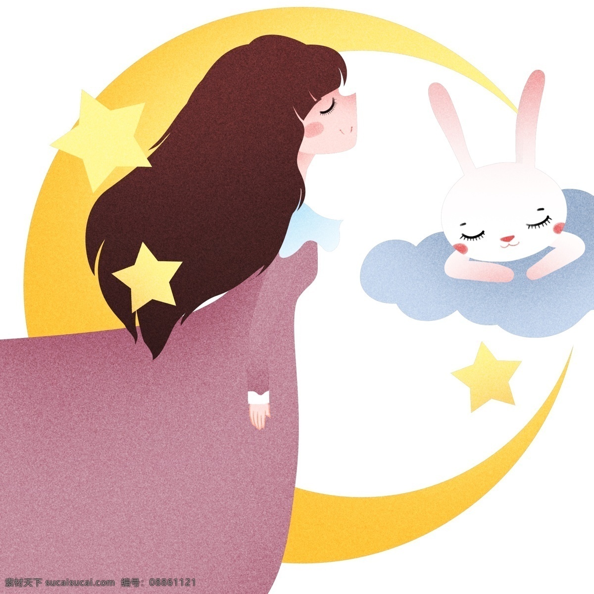 睡觉 好 梦 小女孩 世界 睡眠 日 插画 好梦的小女孩 黄色的月亮 白色的小兔子 黄色的五角星 卡通人物