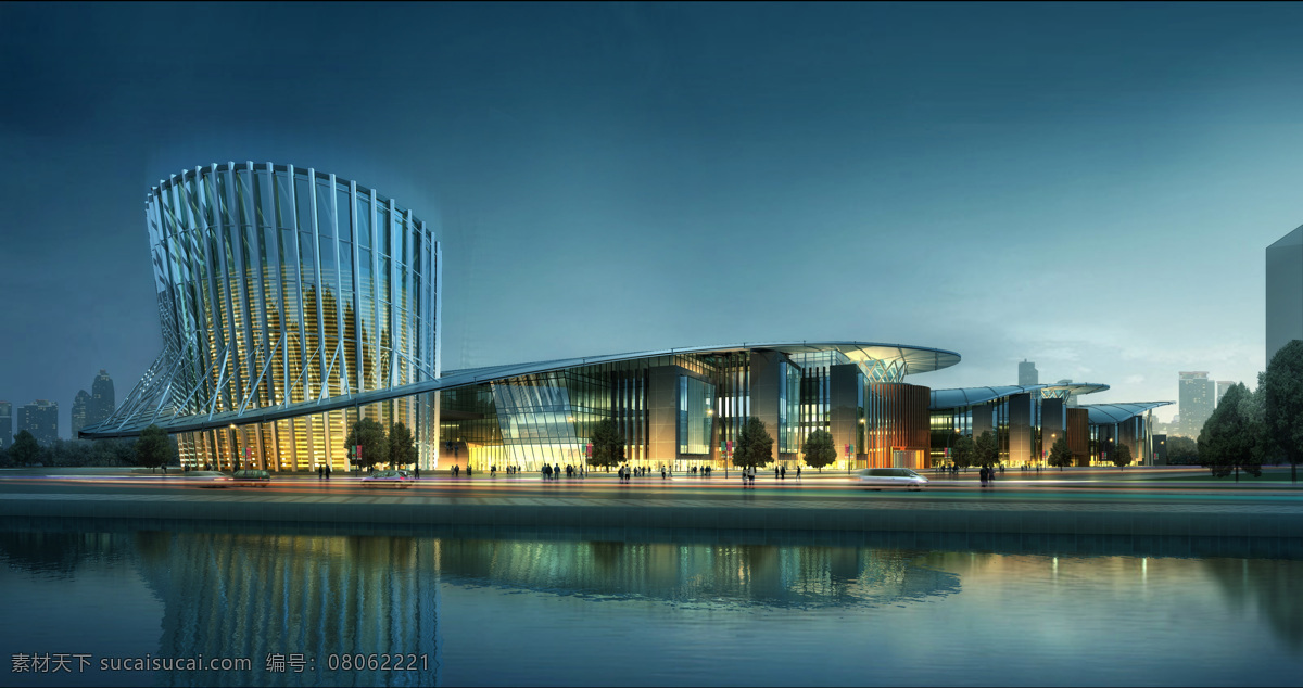 建筑表现 图 公共建筑 环境设计 建筑设计 透视图 夜景 建筑表现图 异形建筑 水边 展览建筑 家居装饰素材