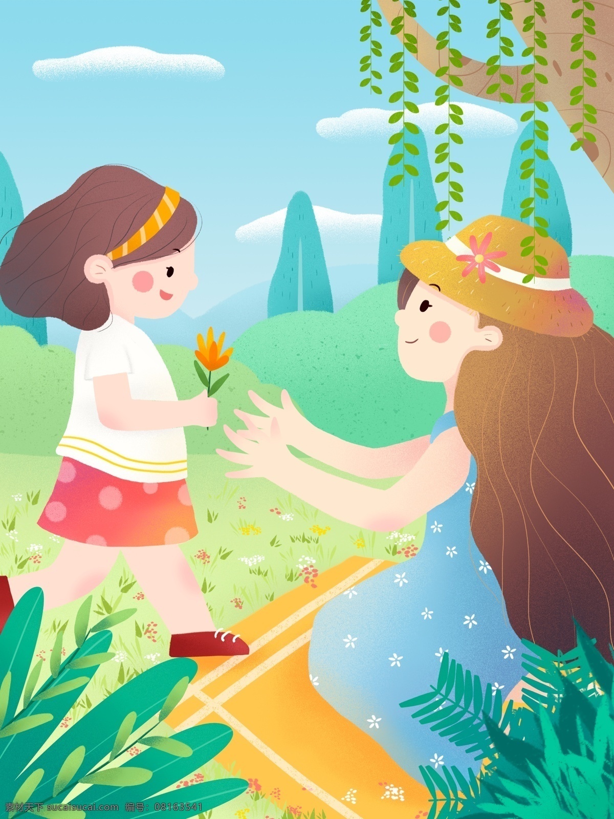 母亲节 初夏 户外 郊游 女儿 摘 花 送 妈妈 感恩 母爱 花朵 植物 草地 树木 小清新