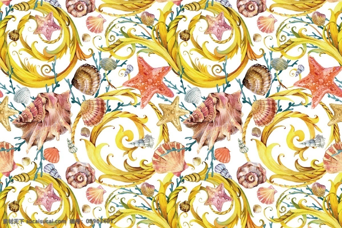 贝壳 海星 彩色 数码印花 花纹花卉 背景 布料印花 底纹边框 背景底纹