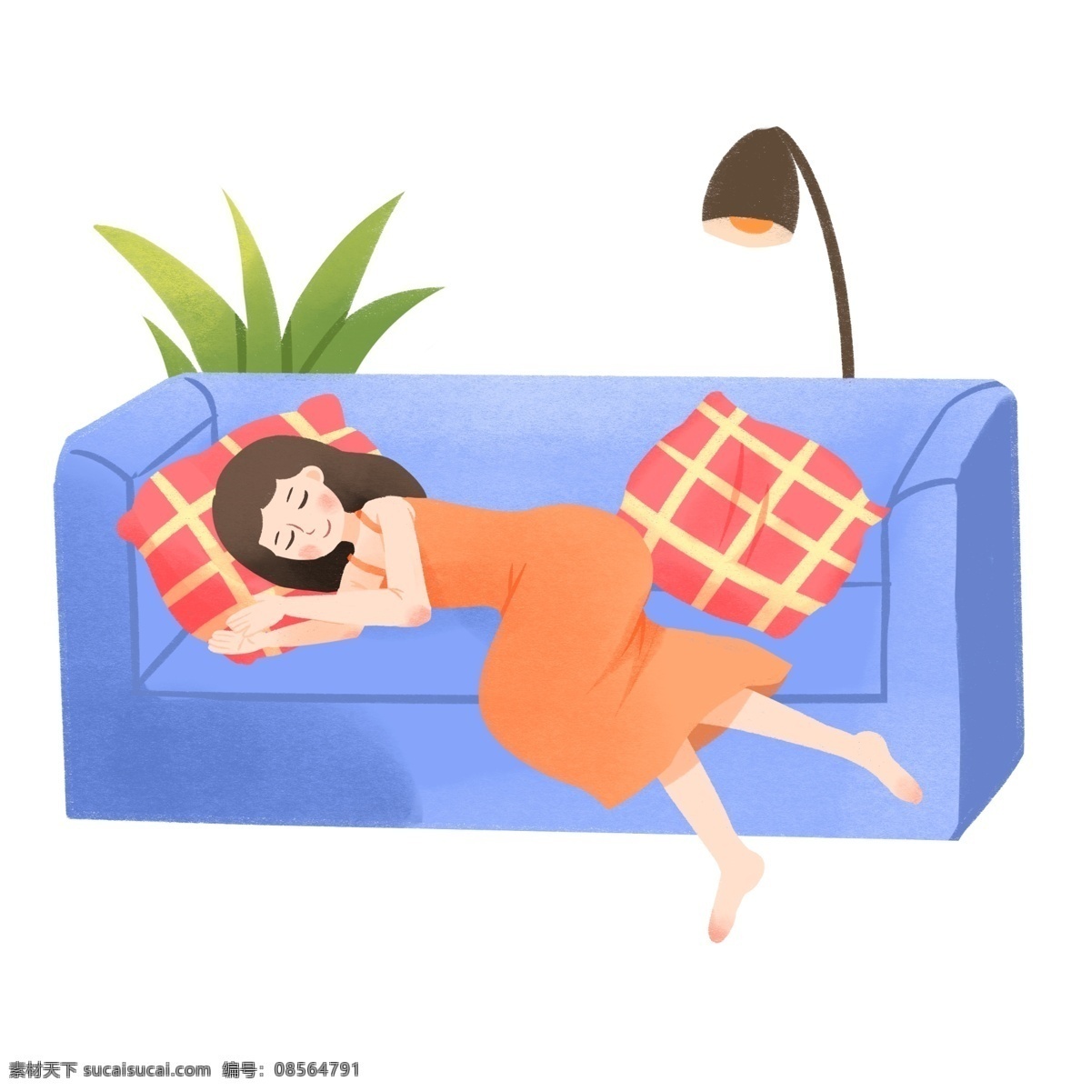 沙发 上 熟睡 女孩 世界 睡眠 日 插画 蓝色的沙发 咖色的台灯 绿色的叶子 植物装饰