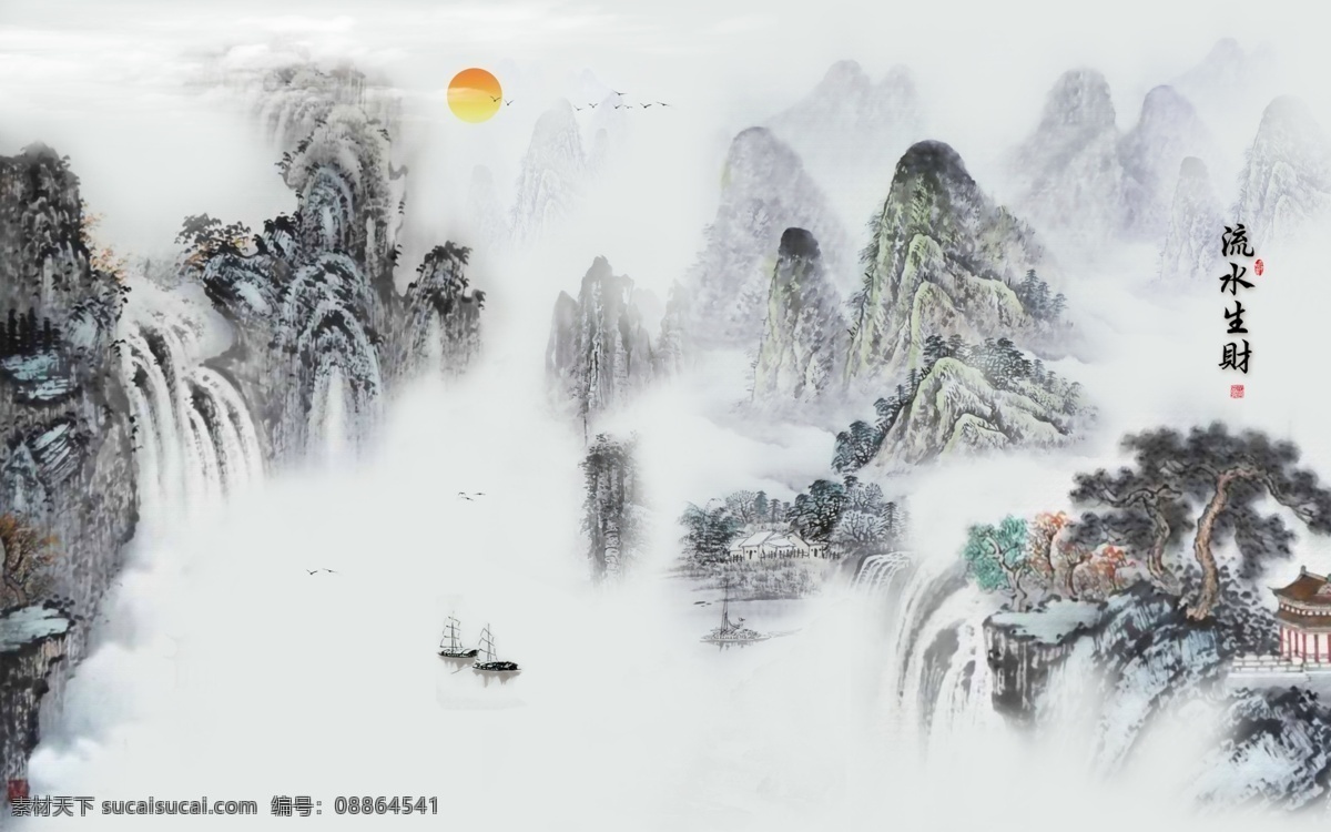 新中式山水背景墙素材图片下载-素材编号08864541-素材天下图库
