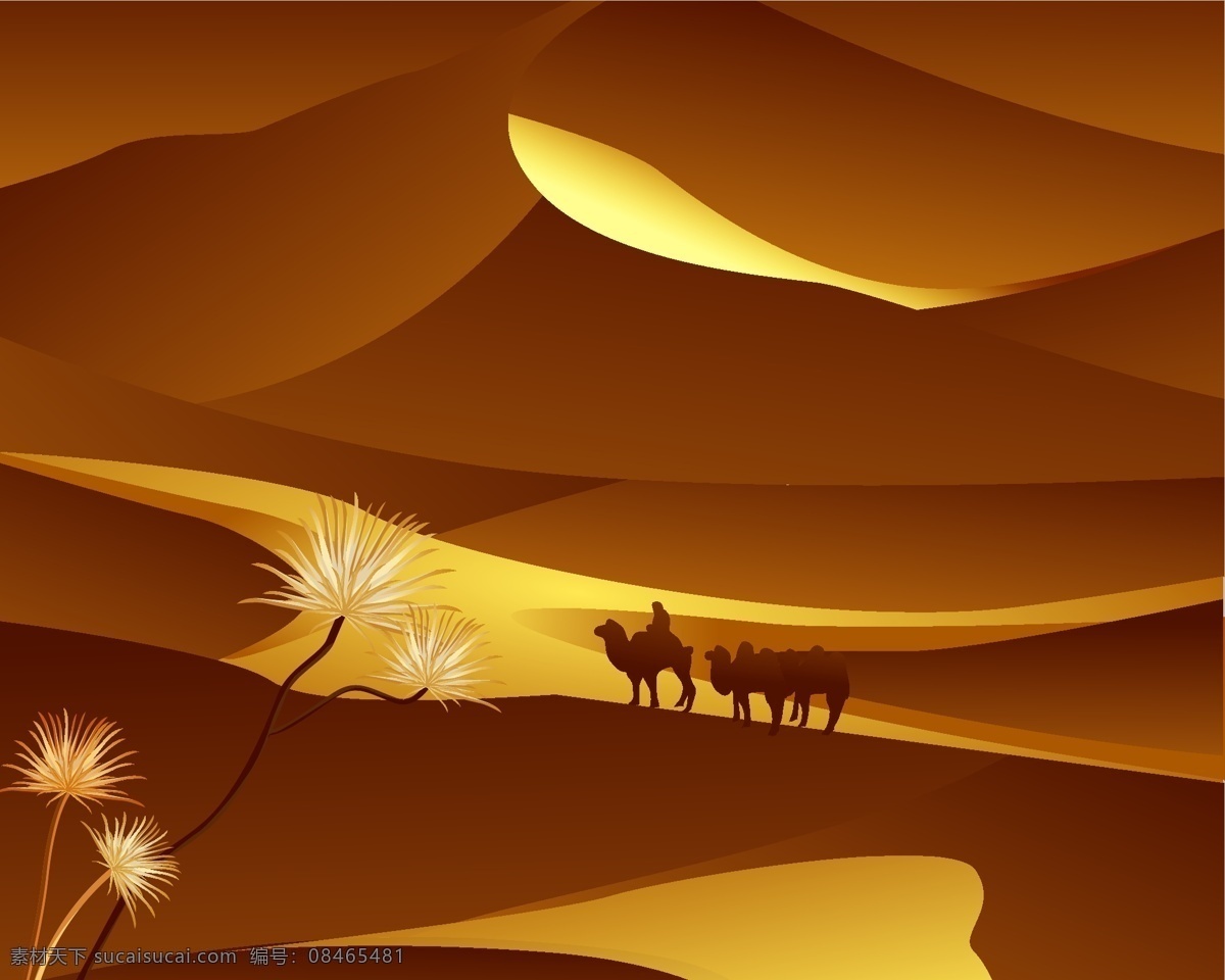 沙漠驼铃插画 矢量ai文件 金色沙漠 骑骆驼的人 驼队 沙漠植物 壮美 沙漠 景色