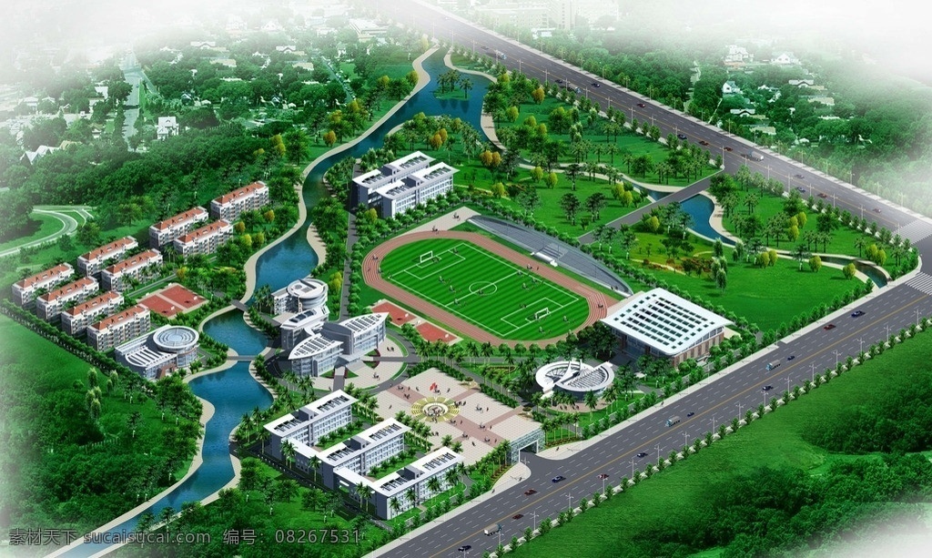 学校鸟瞰图 学校鸟瞰 小溪 绿地 现代建筑 标准田径场 园林绿化 建筑设计 环境设计 源文件