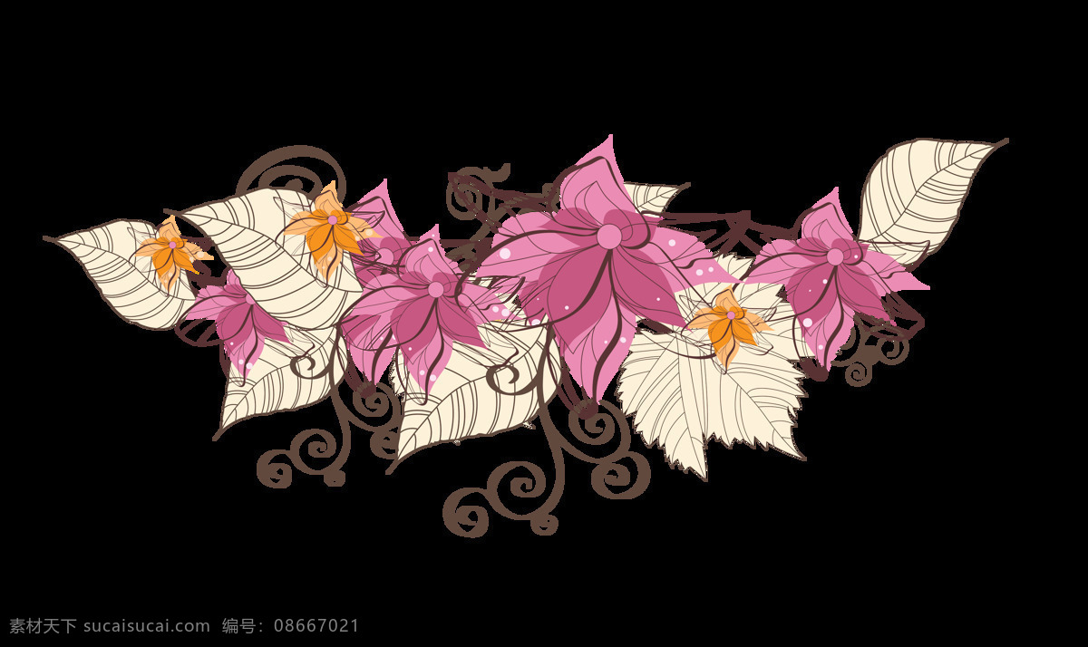 手绘 卡通 线条 花朵 装饰 叶子 时尚 素描 粉色