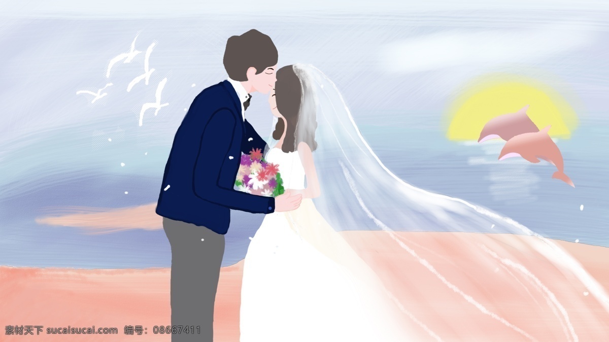 七夕 浪漫 海边 情侣 拍 婚纱照 情人节 婚纱 沙滩 海豚