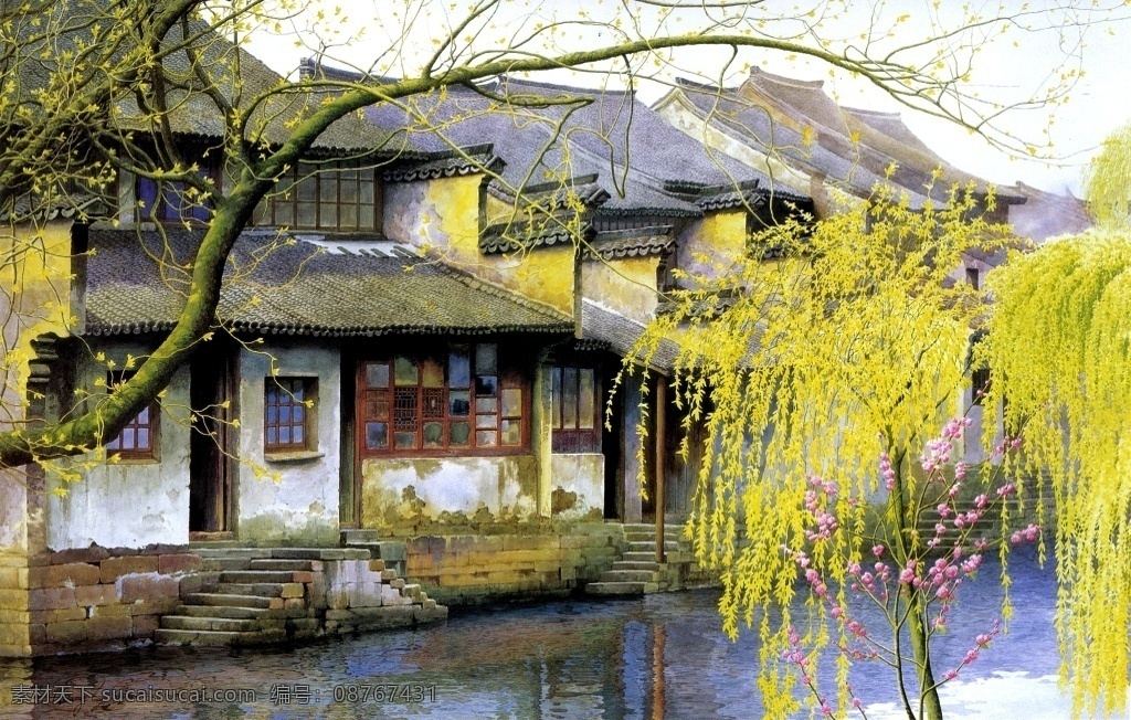 手绘 风景 房屋 装饰画 彩绘 建筑 小河 河流