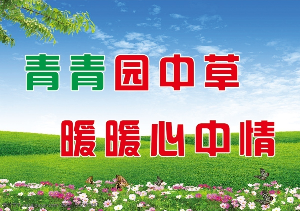 幼儿园花草牌 幼儿园 卡通 蓝天 白云 草地 鲜花 蝴蝶 背景 展板 清新 花草 青青园中草 暖暖心中情 分层