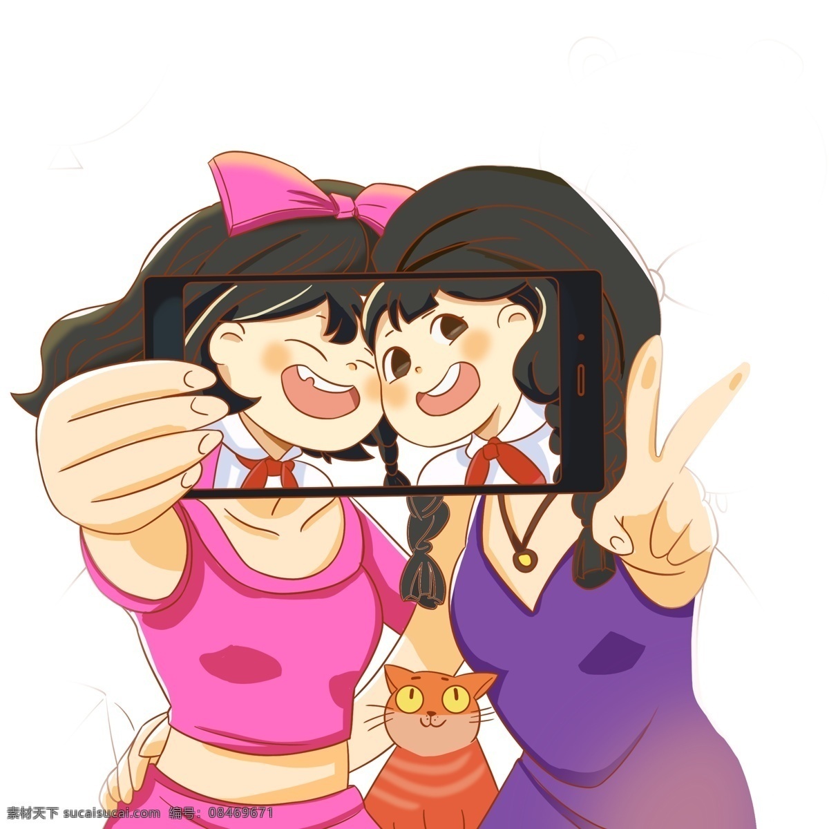 一起 自拍 两个 小女孩 商用 元素 卡通 漫画 人物 女孩 插画 拍照