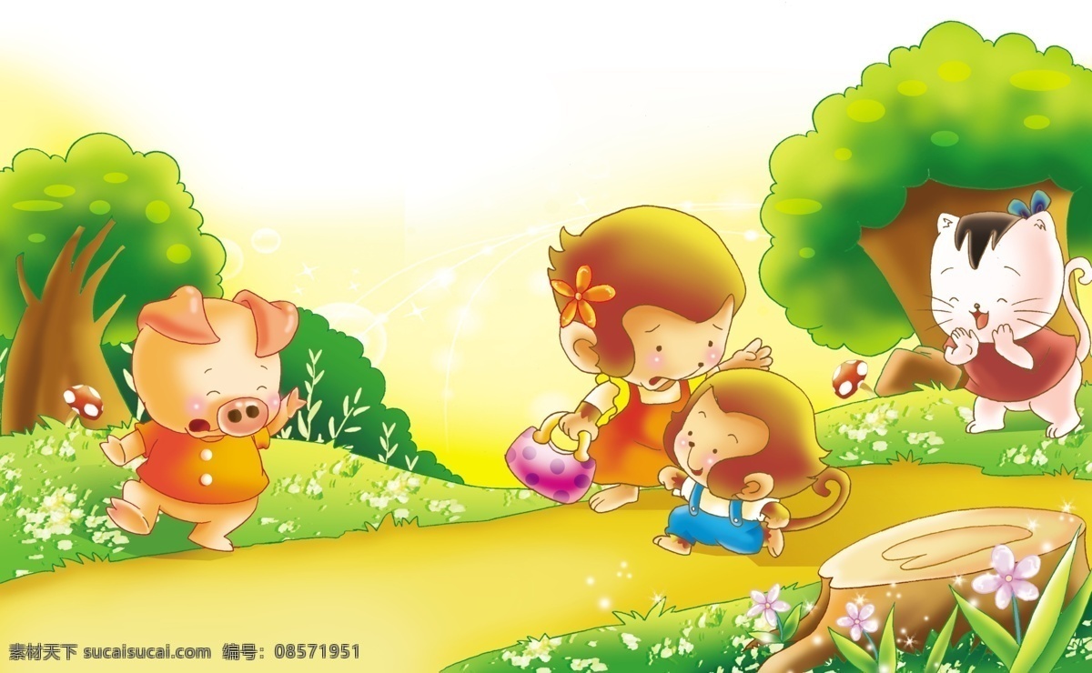 草地 动漫动画 儿童插画 风景漫画 花朵 梦幻 清晨 小猴设计素材 小猴模板下载 太阳 小猴子 猴妈妈 美丽的背景 小花 晨露 树 童趣 小猪 小猫 插画集