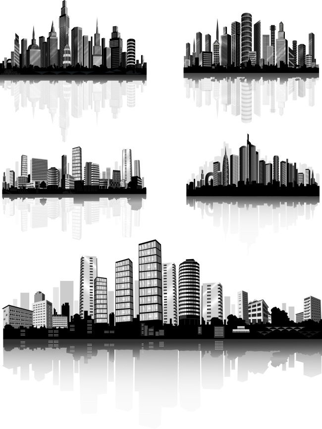 繁华 城市 剪影 插画 高楼 建筑 房子 黑白