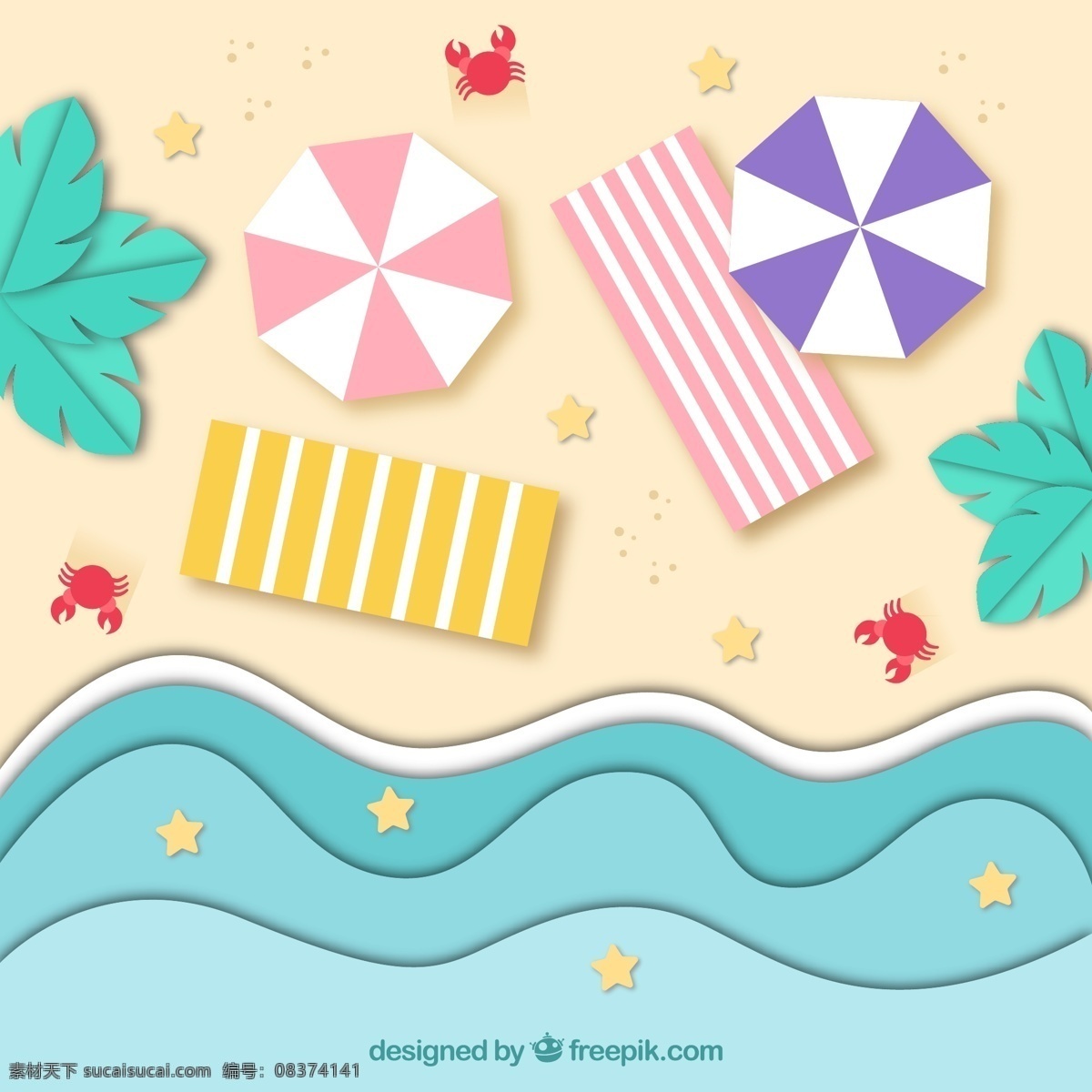 沙滩 大海 俯视图 海星 螃蟹 沙滩毯子 椰子树 遮阳伞 旅行 矢量 高清图片