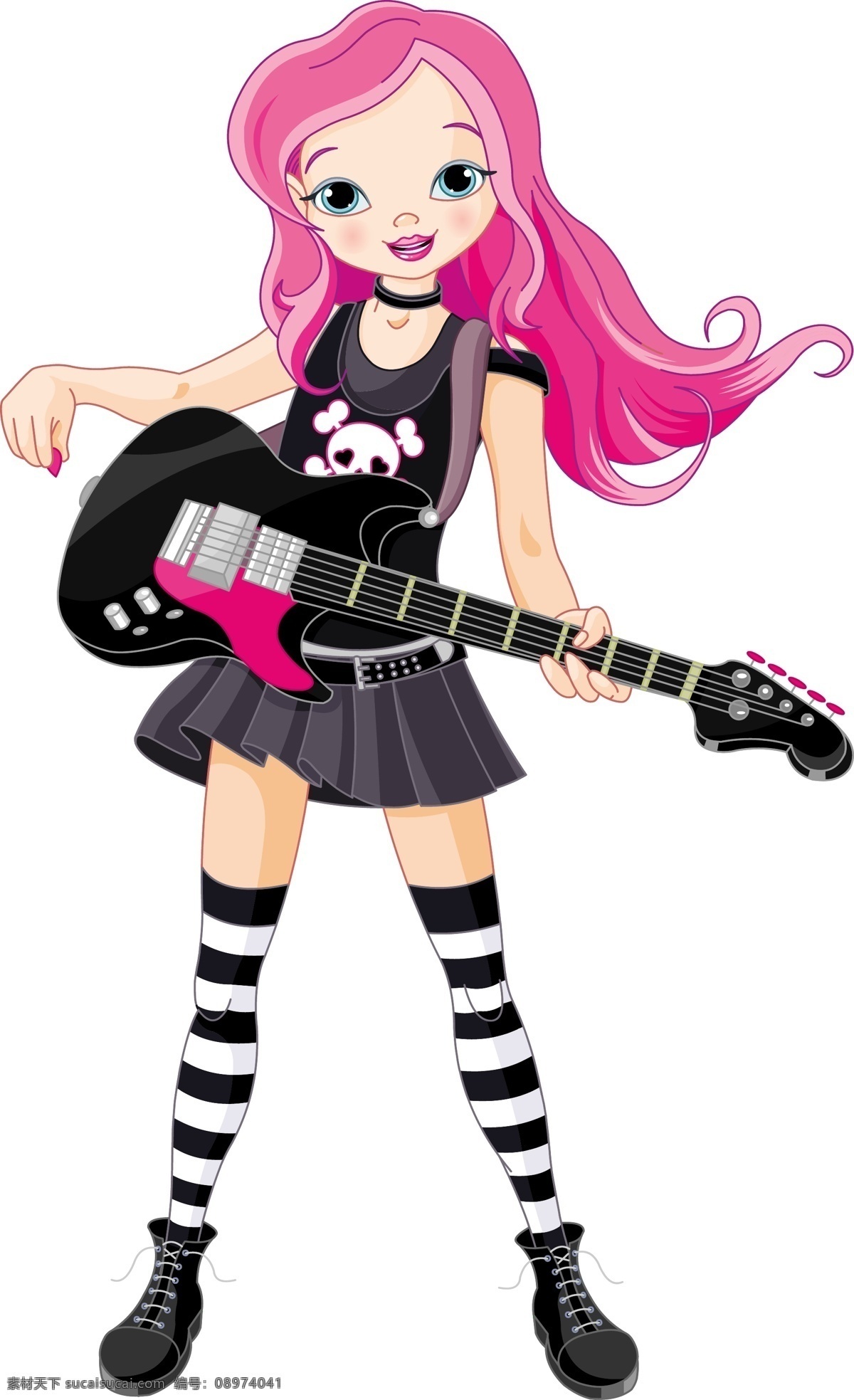 摇滚女郎 美女吉他手 乐队 吉他手 手绘少女 小女孩 女人 唱歌 时尚美女 美女 卡通女生