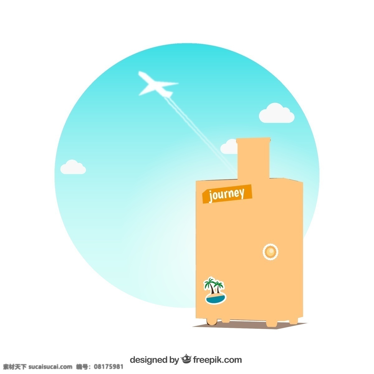 创意 旅行箱 插画 矢量图 飞机 轨迹 天空 云朵 旅行 行李箱 度假