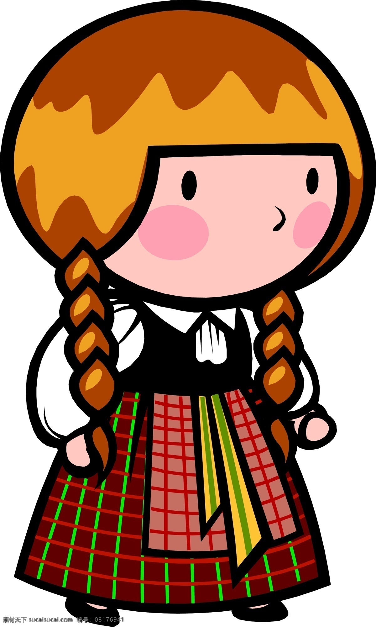 梳辫子 的卡 爱 苏格 拉 小女孩 插画 卡通 裙子 苏格兰 矢量 矢量图 矢量人物