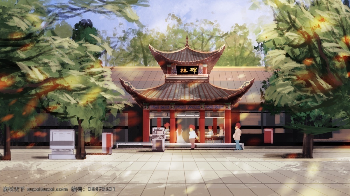 碑林 休息 人们 建筑 风景画 风景 中国元素 传统文化 古建筑 古风 厚涂 中国文化 传统艺术 东方元素 风景名胜 名胜古迹 休闲 西安 长安 亭子