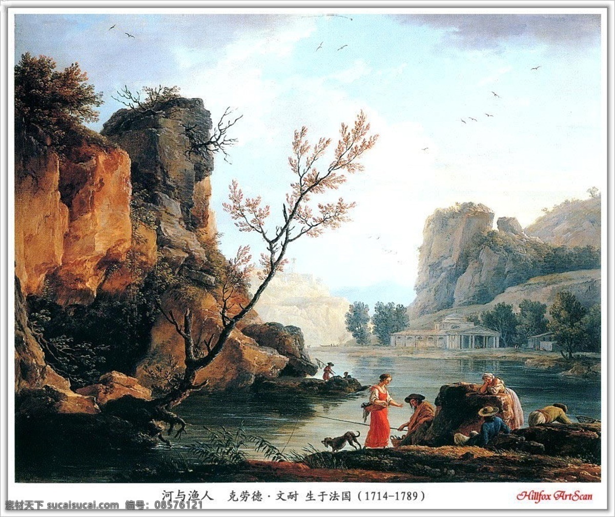 河 渔人 河流 山川 装饰素材 油画