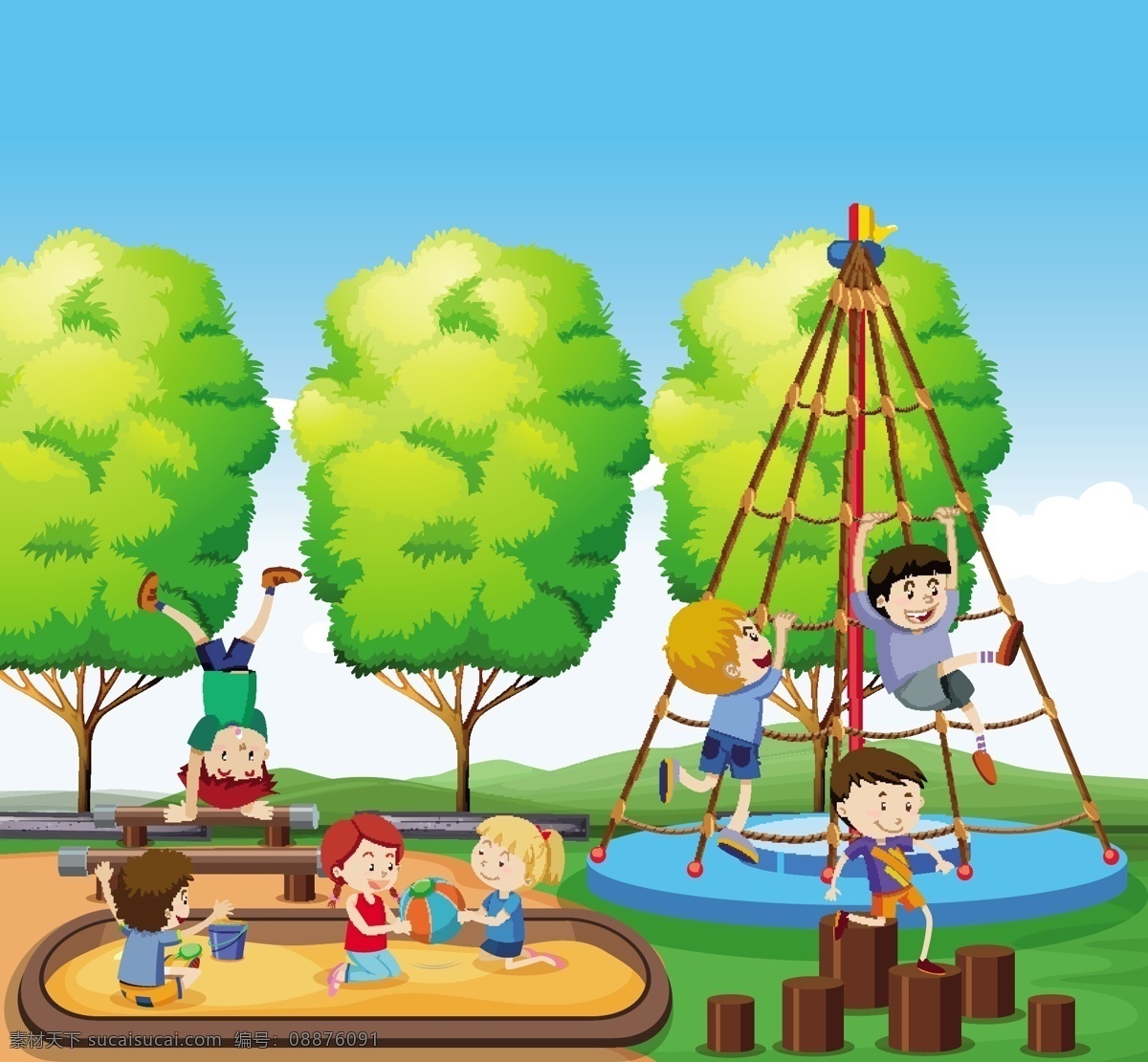 儿童游玩插画 户外儿童 风景 景观 户外孩子 儿童 童年 学生 活动 夏季 假日 假期 冒险 插图 图像 剪贴画 卡通儿童 卡通设计