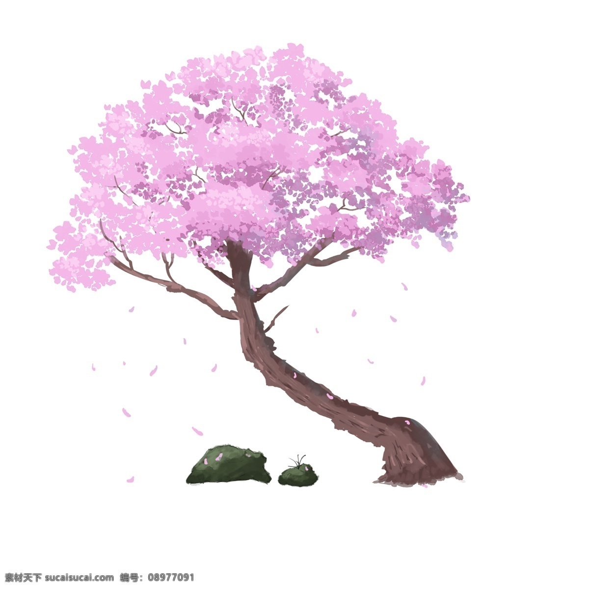 卡通 手绘 花树 石头 免 扣 樱花 花瓣 风景 中国风 飘落 茂盛 唯美风格 免扣 粉色的花树 树