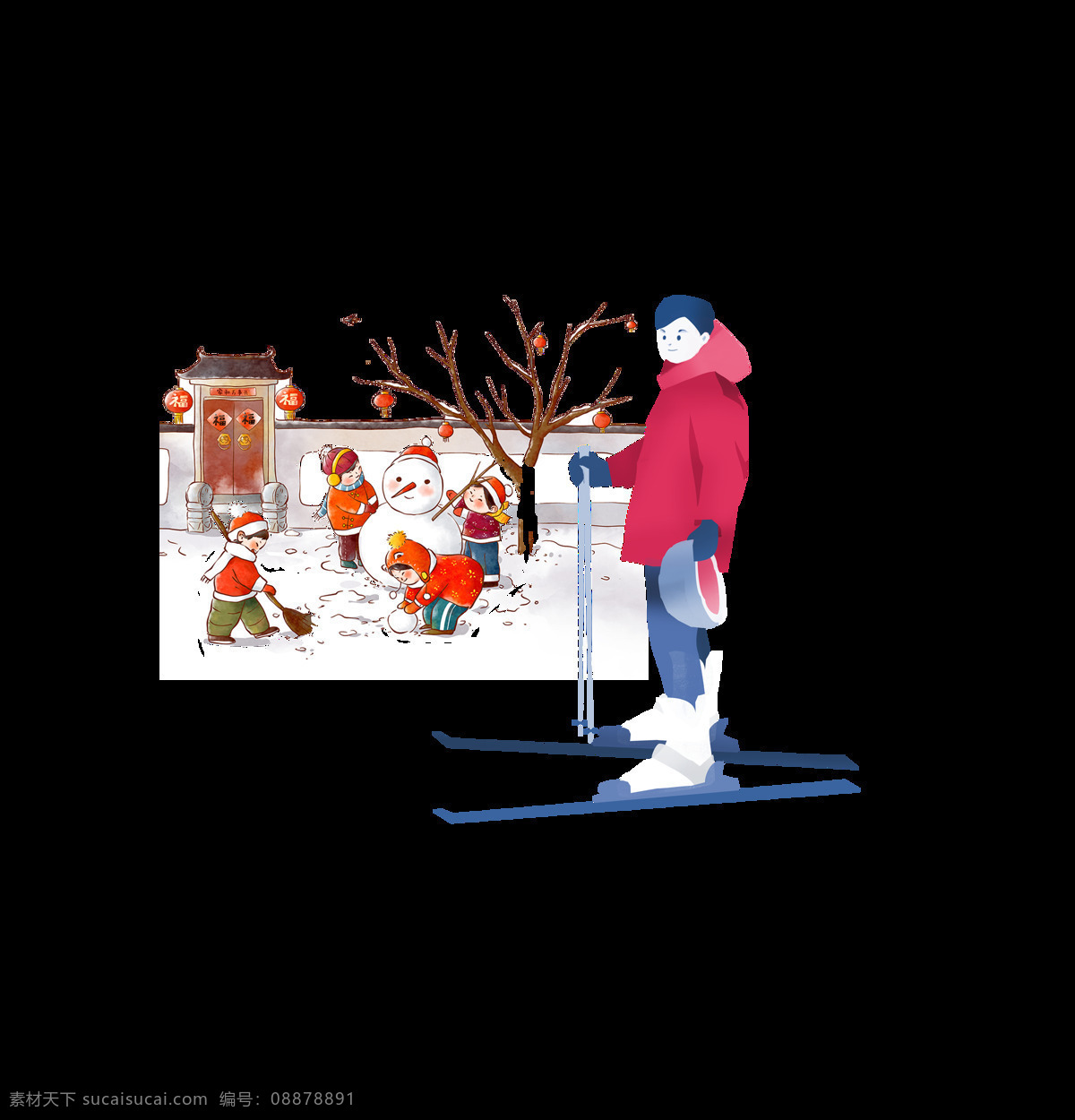 手绘 卡通 冬天 滑雪 装饰 孩子 可爱 雪人 男孩