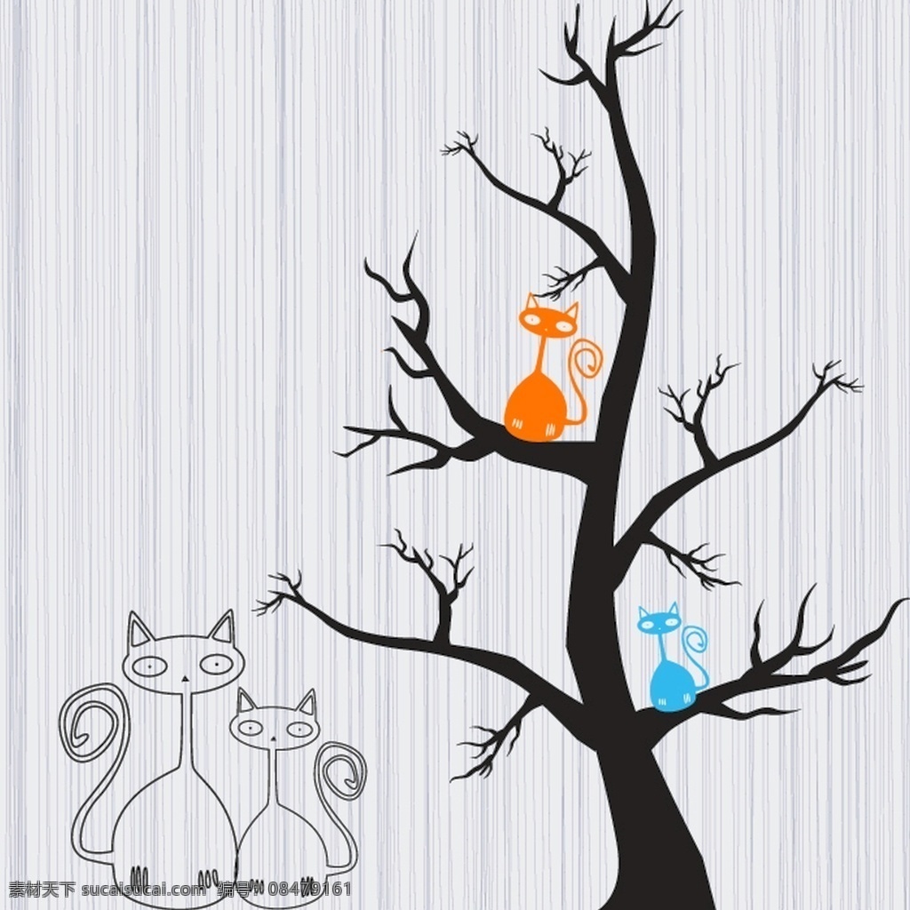 手绘 灰色 竖 纹 线条 底色 小猫 树干 彩色 装饰画