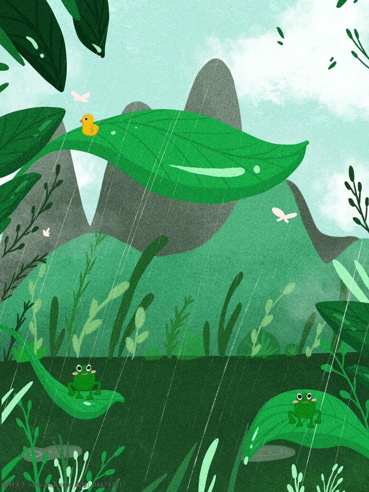 绿色 手绘 雨季 山水 插画 背景 文艺典雅背景 彩色背景 植物背景 通用背景 山水插画 下雨