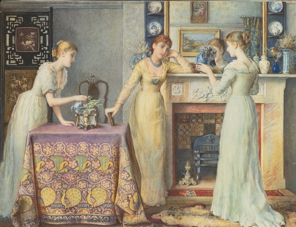 三姐妹 油画 家中 谈论 镜子 桌子 19世纪油画 绘画书法 文化艺术