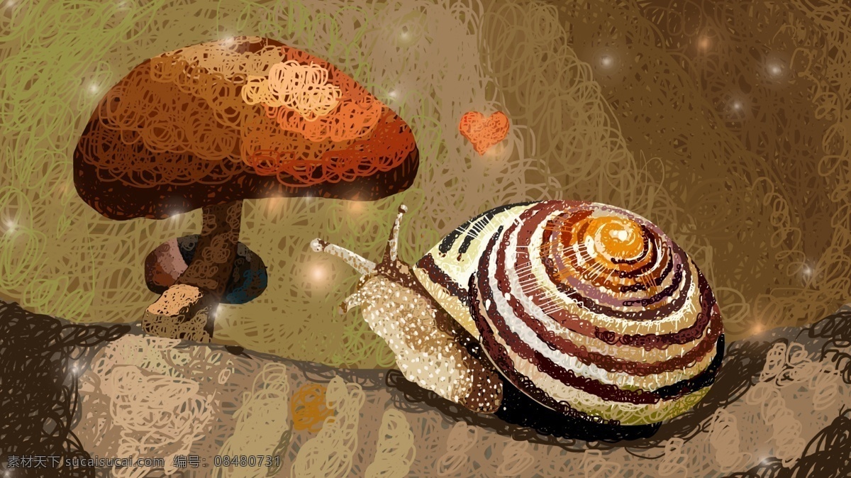 蘑菇 蜗牛 线圈 插画 治愈 系 爱心 唯美 萤火虫