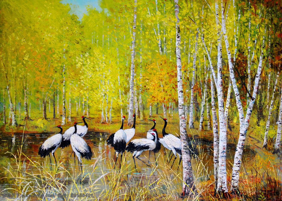 桦林瑞鹤 美术 绘画 油画 动物画 白鹤 白桦林 潭水 野草 白桦树 油画艺术 油画作品28 绘画书法 文化艺术