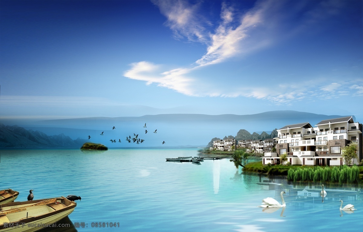 湖边 美丽 城市 psd素材 白云 船只 湖泊 建筑 蓝天