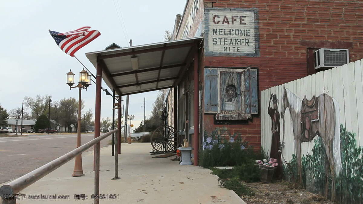 奥克拉 荷马 小城镇 咖啡 股票 录像 壁画 餐厅 道路 国旗 画 街道 咖啡馆 美国 美国国旗 人 奥克拉荷马 镇 咖啡厅用餐 劳里斯 栅栏 马