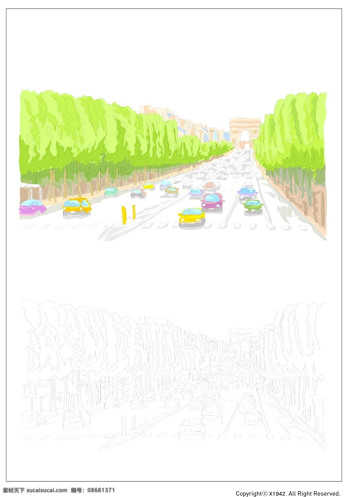 马路 风景 斑马线 车 交通 街道 树叶 矢量图 其他矢量图