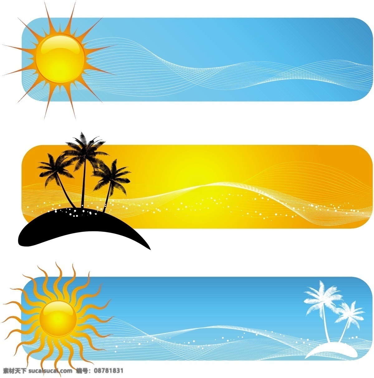 各种 热带 旗帜 图案 背景 横幅 树 摘要 图标 夏天 太阳 头 假日 热带棕榈 符号 阳光 季节 阳光明媚 火热的太阳