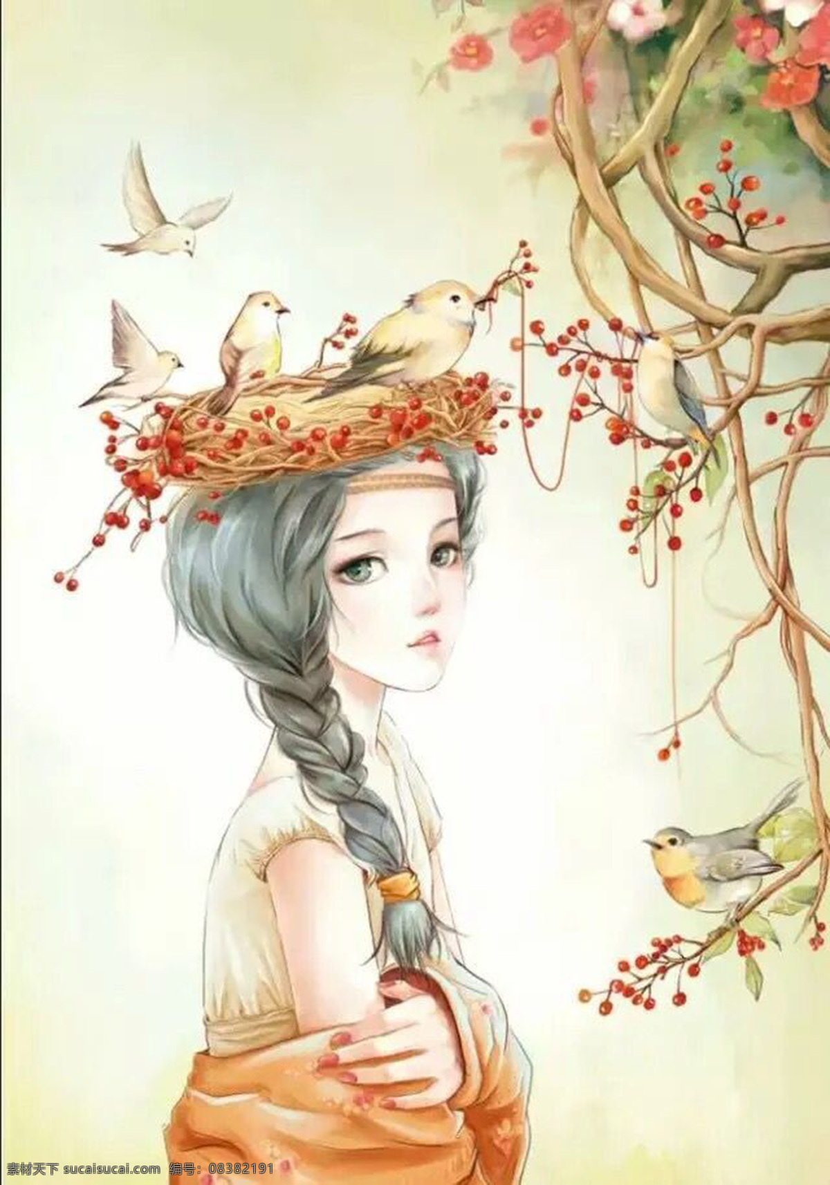 女孩 插花 植物 绘画 色彩 水粉 美术 素描 平面设计