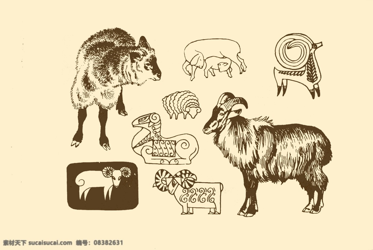 动物图案 羊 卡通 动物 纹样 图案 白描 简笔画 儿童画 山羊 分层 源文件