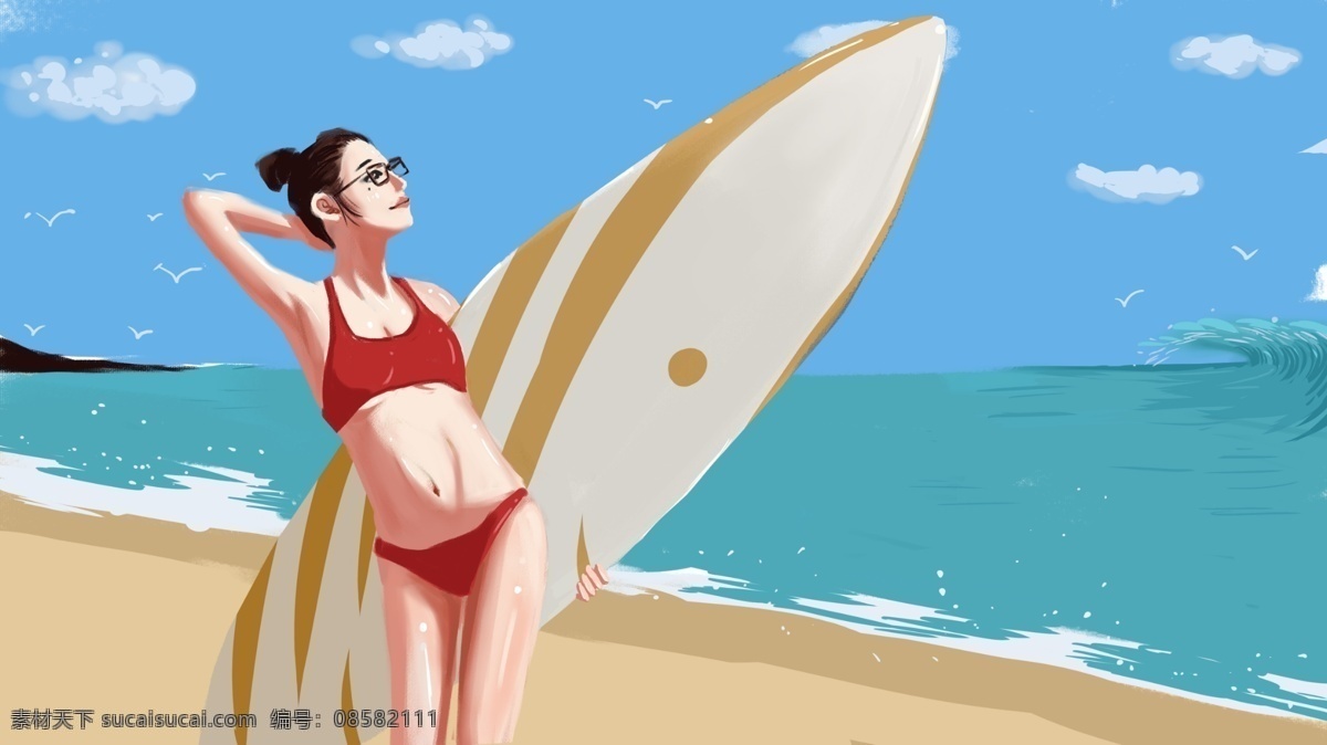 夏季 海边 抱 冲浪板 比基尼 美女 插画 海报 夏天背景 蓝色调 配图