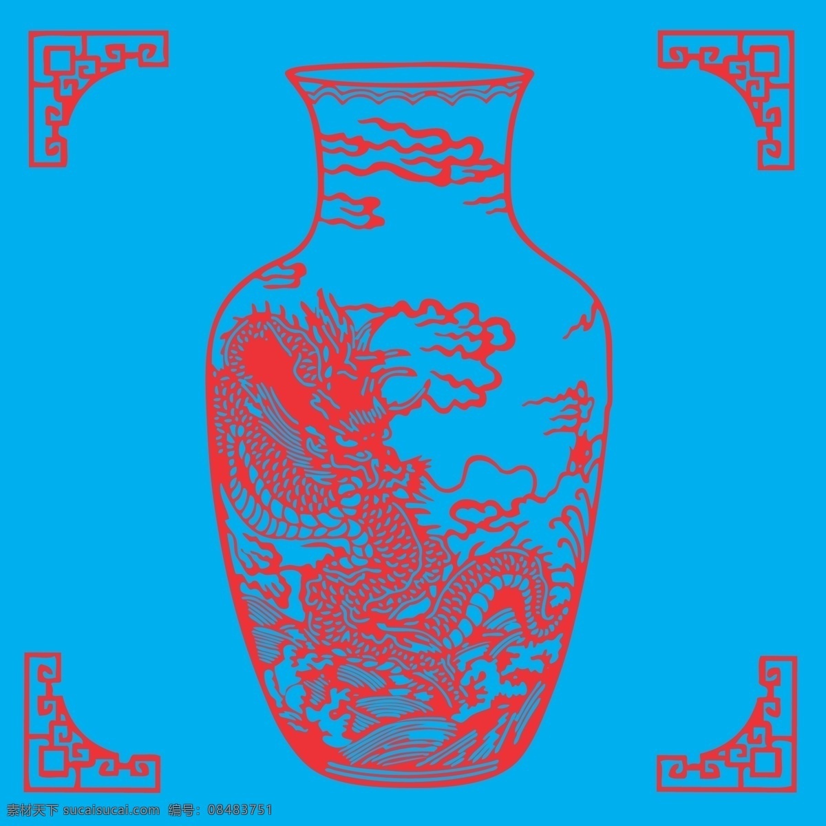 花瓶剪纸 花瓶 剪纸 线条 传统 民俗 装饰 矢量 窗花 插画 容器 龙 海浪 祥云 吉祥 文化艺术 传统文化
