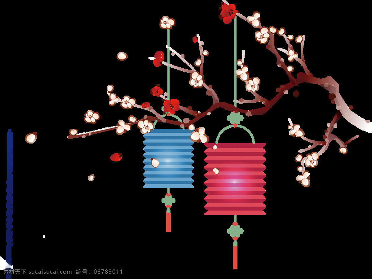 清秀 雅致 浅 粉色 梅花 灯笼 节日 元素 彩色灯笼 春节元素 冬季元素 褐色树枝 节日元素 浅粉色梅花