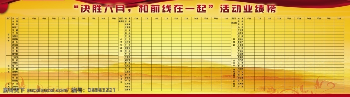 暗纹 标志 表格 大山背景 光束 广告设计模板 红黄背景 花纹 业绩榜展板 展板设计 模板设计 丝带 标题文字 源文件 展板模板 其他展板设计