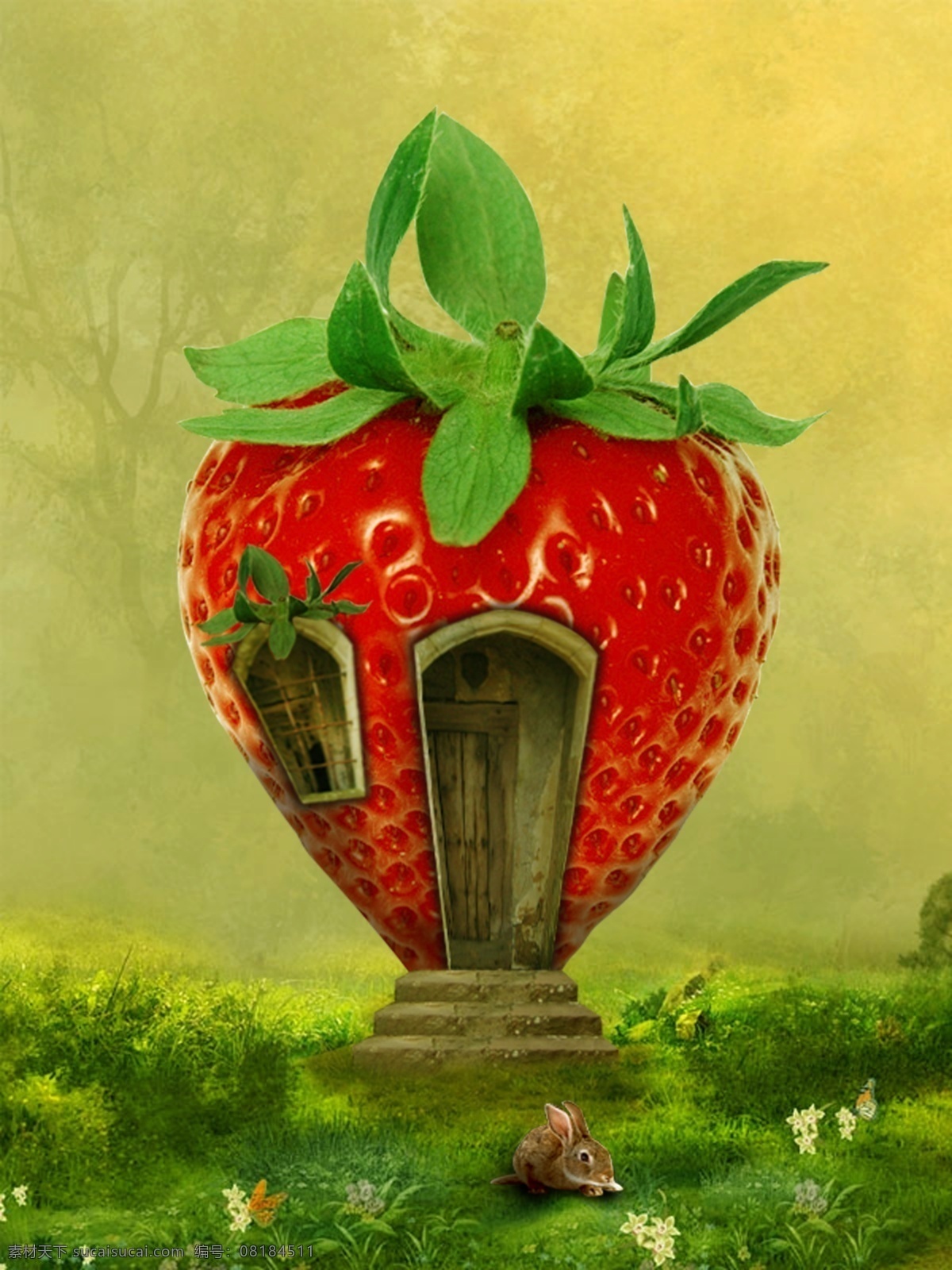 草莓屋 可爱 草莓 小屋 小兔子 花园 草地 绿色