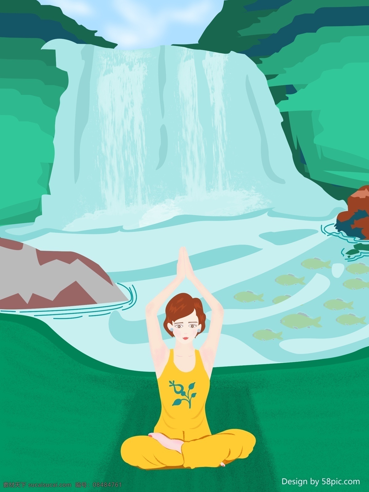 健康 运动 女孩 湖边 瀑 布下 练 瑜伽 原创 商业 插画 卡通美女 瀑布 绿色 草坪 健康插画 商业插画 湖水