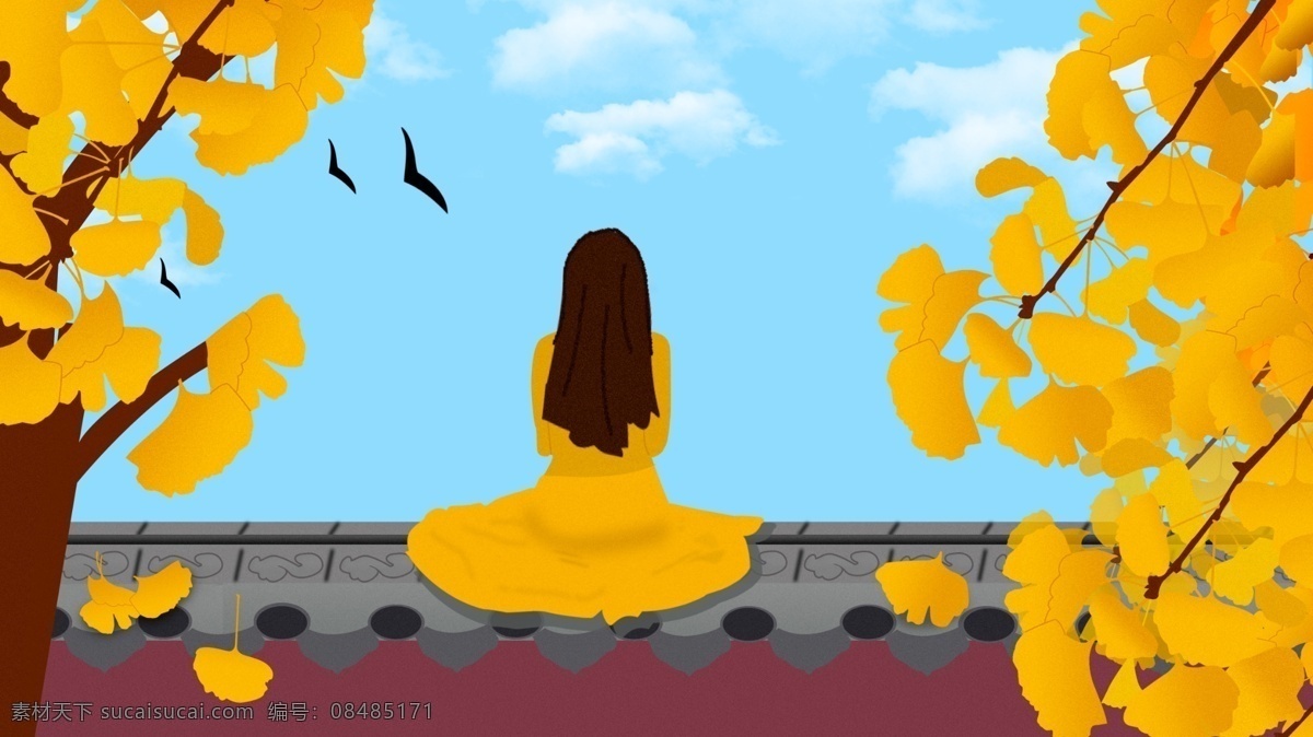 插画 秋天 你好 银杏 墙头 女孩 手绘 墙 背影 你好秋天 树