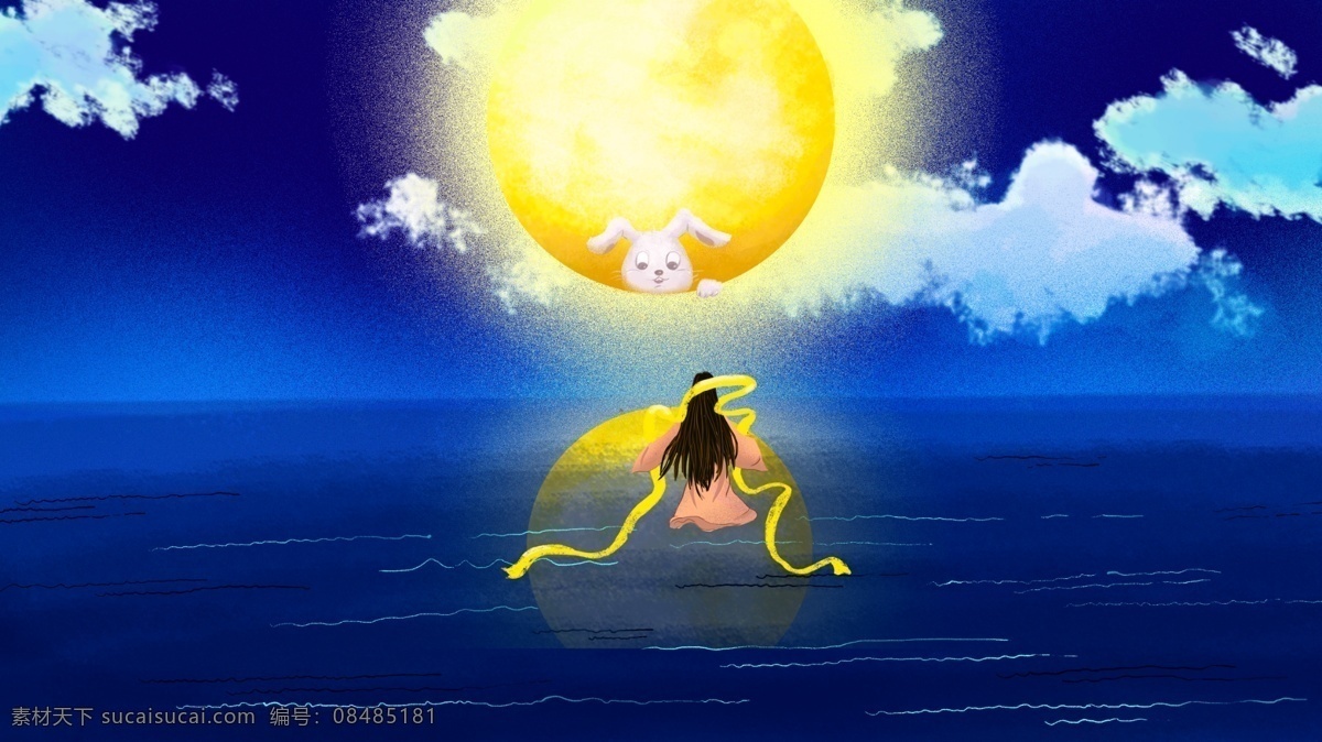中秋海上圆月 壁纸 中秋 月亮 海面 肌理 原创 商业插画 海报 嫦娥奔月 月兔 微博配图 微信配图 场景插画