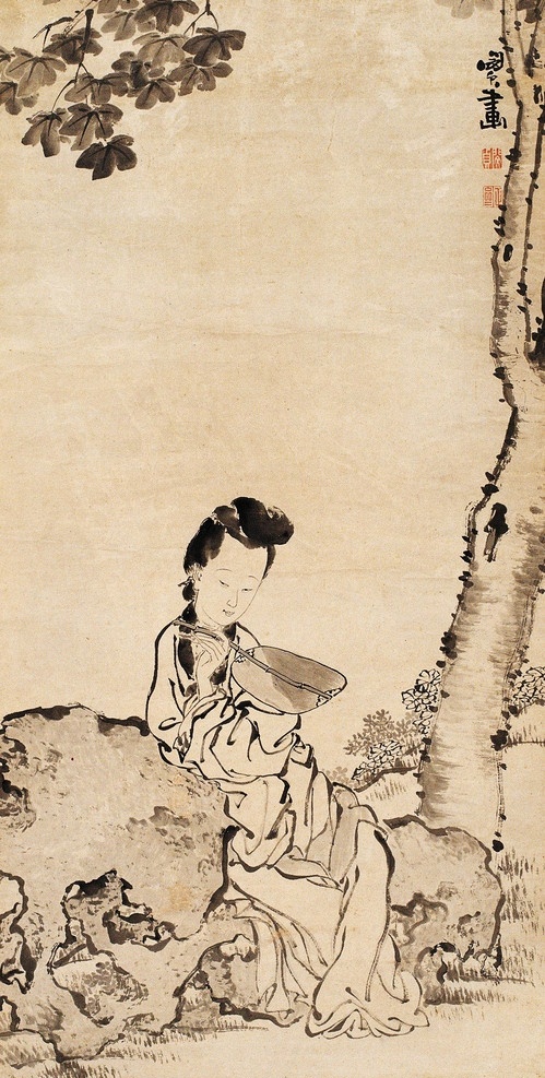 闵 贞 佳 桐 阴 仕女 扬州八怪 闵贞佳 桐阴仕女 松树 国画 扇子 绘画书法 文化艺术