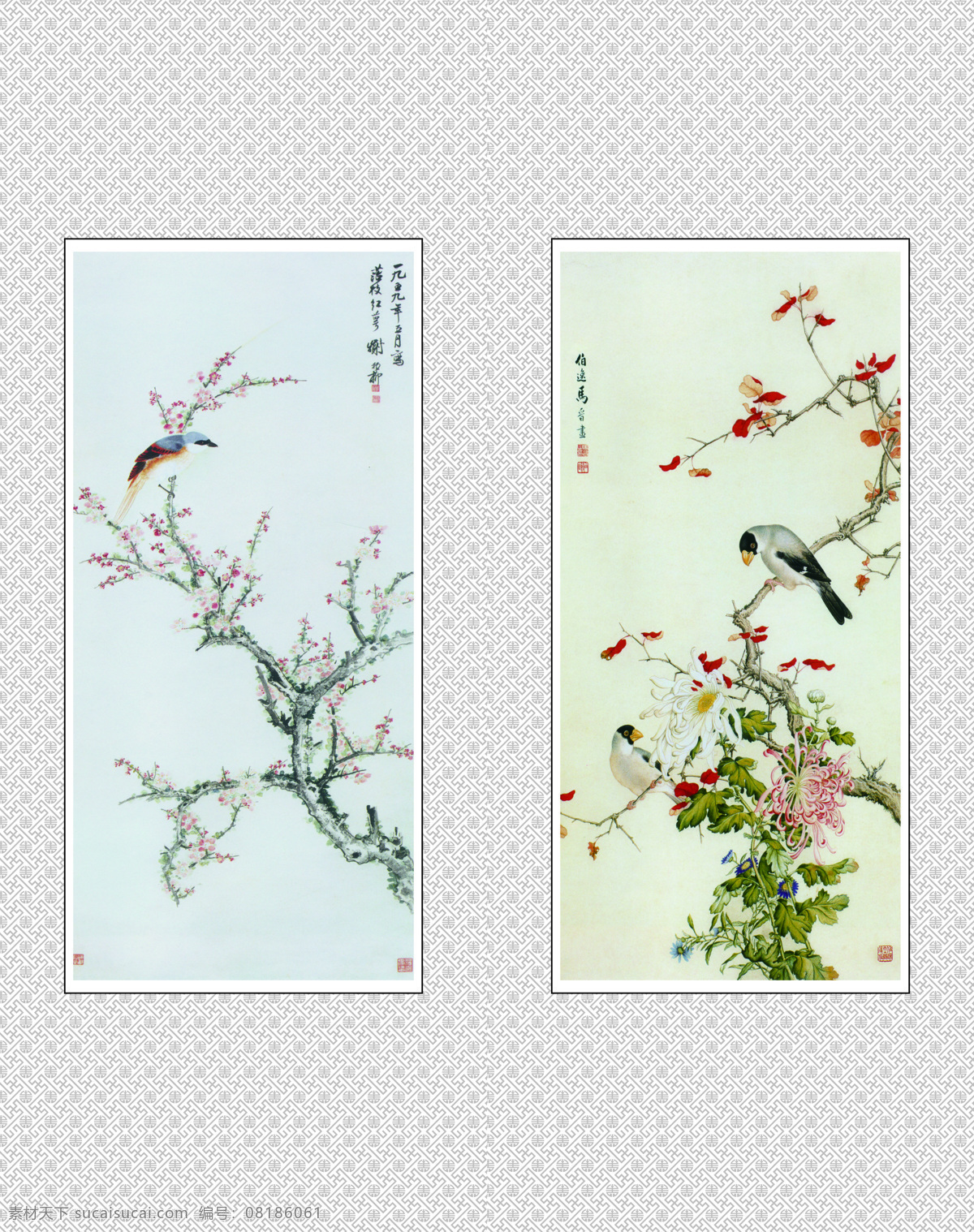 水墨画 花朵 小鸟 叶子 国画 红花 花枝 绿叶 鸟 书法 树 k0739 两岸花开 印章 中式 索亚卡23 移门大全23 家居装饰素材