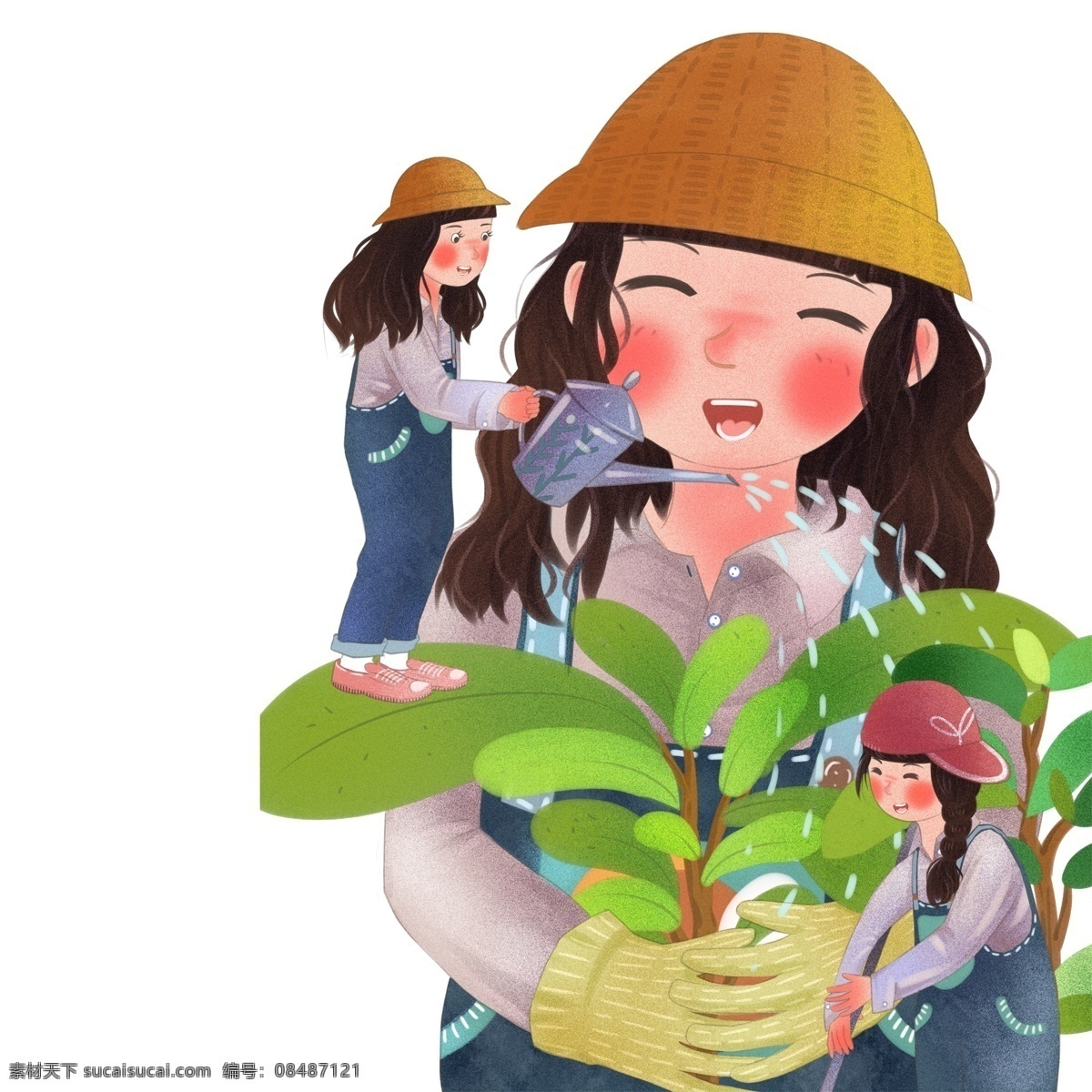清新 手绘 种树 女生 插画 春季 女孩 植树节 树木 浇花 可爱 人物