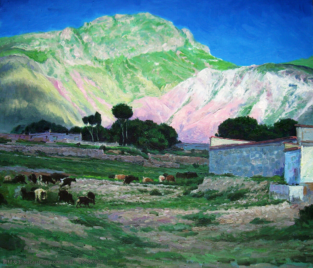 草地 村庄 风景画 高山 高原 绘画书法 美术 山地 西藏 风光 设计素材 模板下载 西藏风光 油画 现代油画 山岭 树木 羊群 藏居 山路 天空 油画艺术 油画作品13 文化艺术 装饰素材 山水风景画