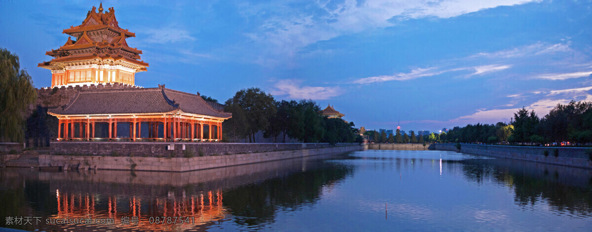 傍晚 故宫 角楼 夜景 全景接片 晚霞 中国 北京 旅游 古迹 建筑景观 自然景观